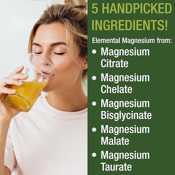 5-in-1 Magnesium Powder Drink for Women & Men. Magnesium Glycinate + Citrate + Malate + Chelate + Taurate. Great Tasting Vegan Supplement for Muscle Relaxation, Sleep, Cramps. Orange Flavor