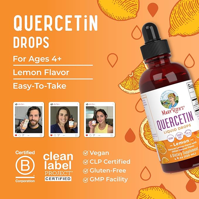 Quercetin Liquid Drops by MaryRuth's | Sugar Free | Liquid Quercetin 500mg for Adults & Kids | Cardiovascular Health for Adults | Bioflavonoid | Vegan | Non-GMO | Gluten Free | 4 Fl Oz
