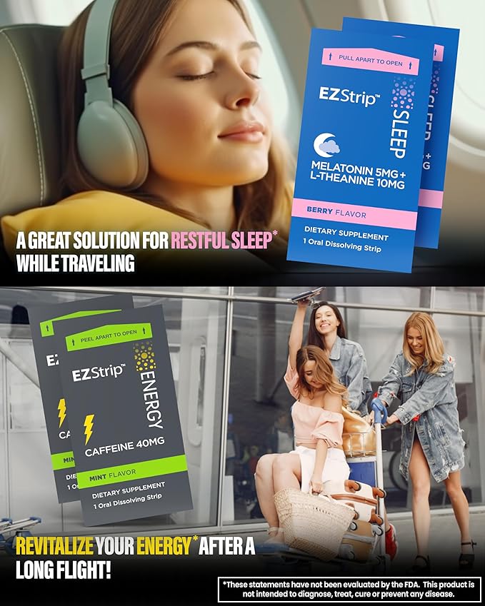 Travel Pack with Energy & Sleep Supplements - 30 Count - Portable Pack with Caffeine Strips for Energy and Melatonin Strips for Sleep Support During Travel - Made in USA, Sugar & Gluten Free