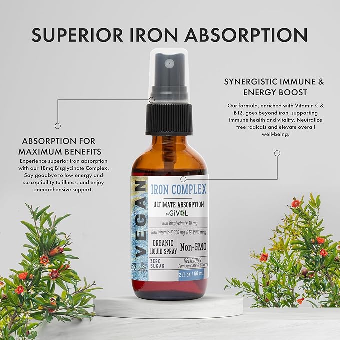 Iron Supplement - 18mg Bisglycinate Complex with Vitamin C & B12 for Energy & Immunity Boost, Vegan Liquid Spray, Optimal Absorption - Non-GMO, Sugar-Free, (60 ml) 60 Days Supply