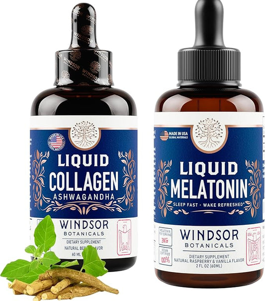WINDSOR BOTANICALS Liquid Collagen Ashwagandha and Melatonin Liquid - Sleep, Calm & Beauty Support Bundle