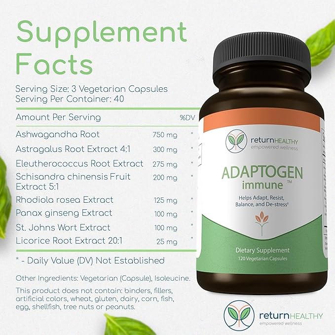 Adaptogen Immune, Adaptogens Supplements, Ashwagandha Supplements with Siberian Ginseng, Astragalus Root, and More - Promotes Healthy Body Functioning - Stress Relief Supplement, 120 Capsules