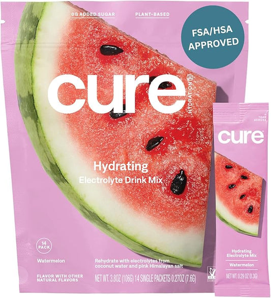 Cure Hydration | Plant-Based Electrolyte Drink Mix | No Added Sugar | FSA & HSA | Dehydration Relief Powder Made with Coconut Water | Non-GMO | Vegan | Pouch of 14 Packets - Waternelon