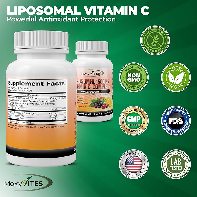 Liposomal Vitamin C with Zinc Capsules - Vit C Organic Elderberry, Amla, Camu Camu- Vitamina C High Absorption, Anti Aging, Immune Support,1500mg/Serving 3 Month Supply Gluten Free NON GMO Veggie Caps