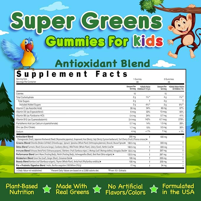 Infusions Super Green Gummies for Kids 90 Count - Superfood Booster Soft and Delicious 8 Powerful Blends Vegan Friendly Gluten Free & Non-GMO