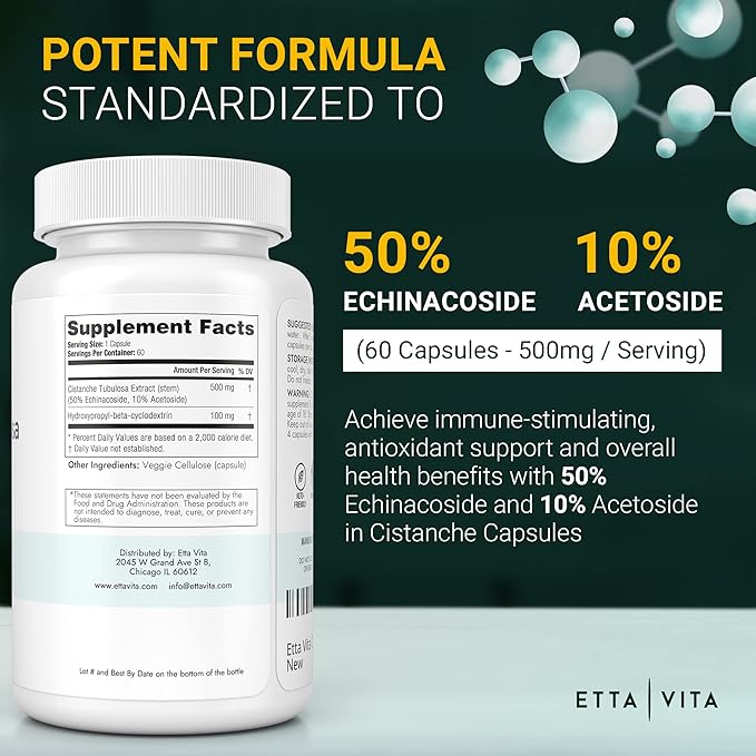Potent Cistanche Tubulosa Capsules (500 mg) Stress Response, Mood & Cortisol Support (2X Potent 50% Echinacoside/10% Acetoside) Hormonal Balance for Men & Women - Cistanche Supplement, Powder Extract