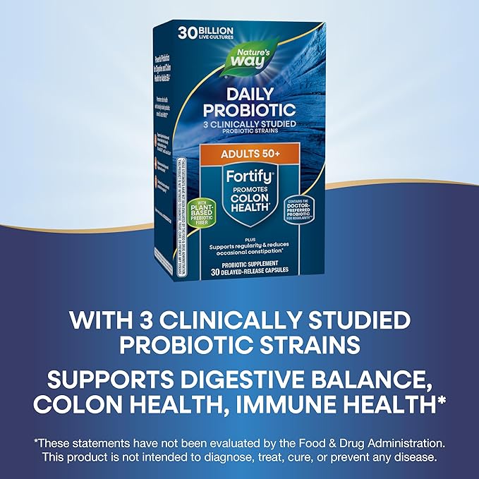 Nature's Way Fortify 50+ Daily Probiotic for Men and Women, 30 Billion Live Cultures, Colon, Digestive, and Immune Health Support* Supplement, 30 Capsules (Packaging May Vary)