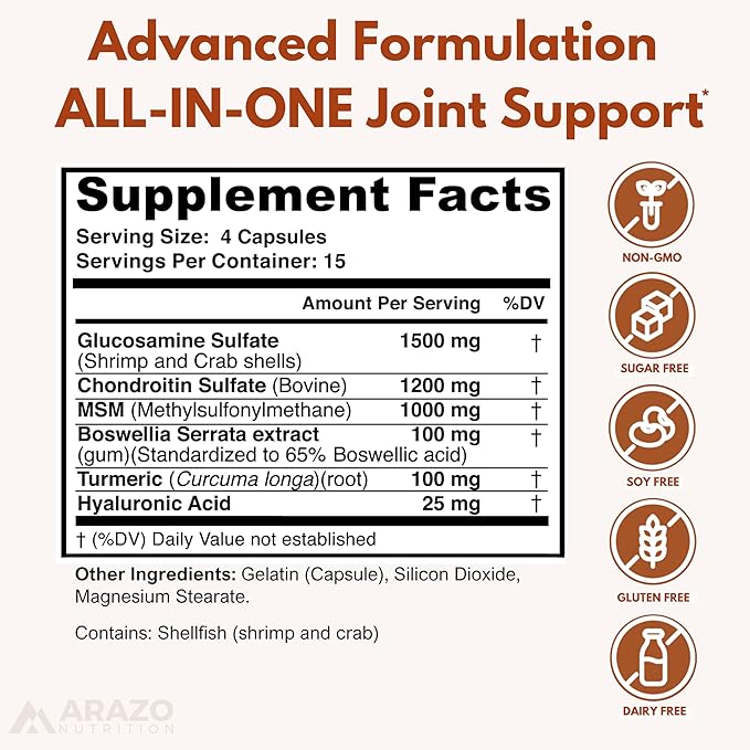 Arazo Nutrition Glucosamine Chondroitin Turmeric Msm Boswellia - Joint Support Supplement for Relief 60 Capsules for Bones, Back, Knees, Hands (60 Capsules)