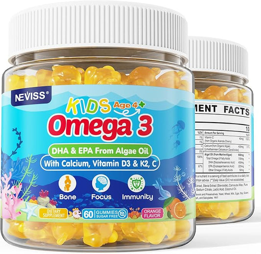 Kids Omega 3 Gummies with Calcium, Vitamin D3 & K2, C, Omega-3 DHA Gummies for Focus and Memory, Bone Health & Immune Support, Kids Omega3 Supplement - No Fish Taste, Non-GMO, Chewable, 60 Counts
