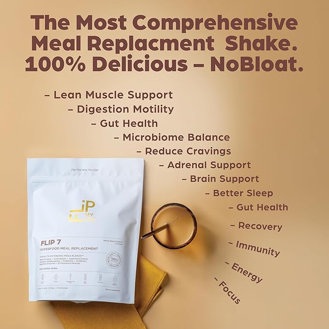 Flip 7 Natural SuperFood, Plant-Based Protein, Complete Meal Replacement to Support Healthy Gut, 7 Mega Nutrient Rich Blends all in one to AGE BETTER - Vanilla