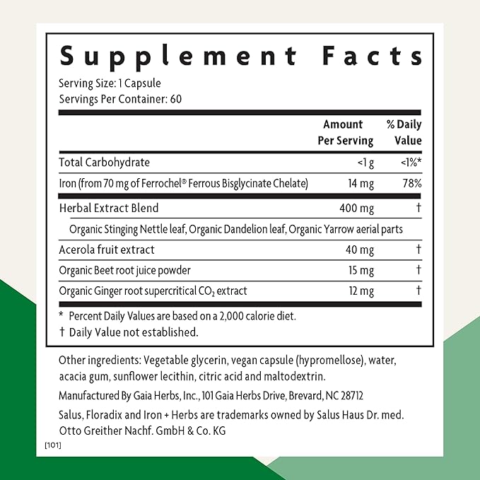 Floradix Iron + Herbs - Iron Supplement for Healthy Energy Support - Vegan, Non-GMO, Gluten-Free, Soy-Free - 60 Liquid Phyto-Caps