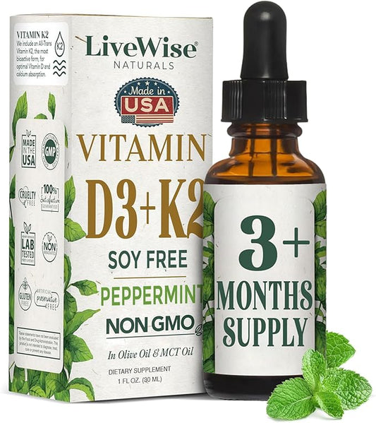 LiveWise Naturals Vitamin D3 with K2 Liquid Drops, All Natural, Non-GMO, USA Made, 1208 IU Vitamin D3 & 25 mcg K2, Supports Bone Health and Energy Levels, Infused with Peppermint, Olive, and MCT Oil