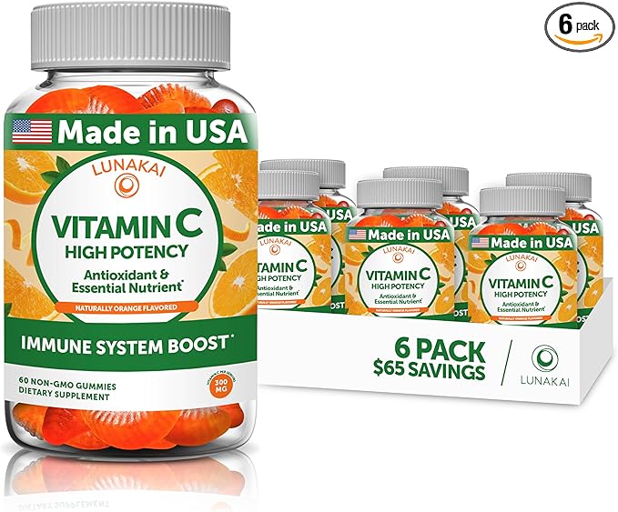 Lunakai Vitamin C Gummies for Adults and Kids - Organic VIT C Vegan Chewable Gummy Vitamins - 250 mg Adult, Children, Toddler Chews - 6 Pack