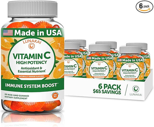 Lunakai Vitamin C Gummies for Adults and Kids - Organic VIT C Vegan Chewable Gummy Vitamins - 250 mg Adult, Children, Toddler Chews - 6 Pack