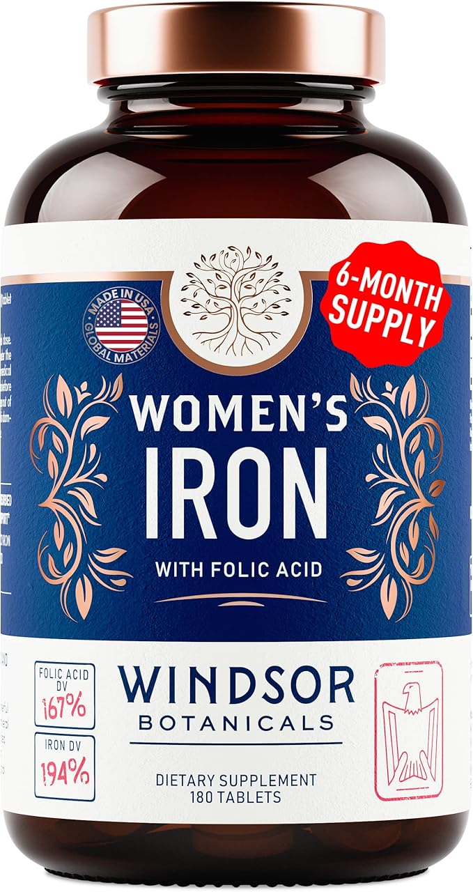Iron and Folic Acid Supplements for Women - 35mg Gentle Iron Vitamin, Folic Acid 400mcg - Anemia, Period, Pregnancy Support Supplement, Ferrous Sulfate Pills - 180 Vegan Non-Constipating Tablets