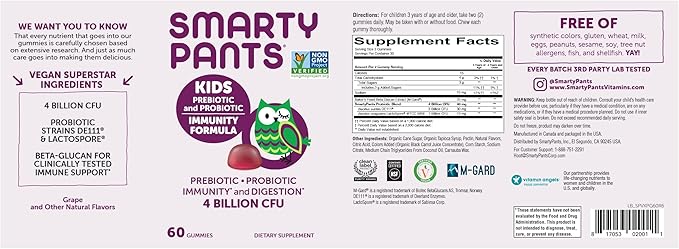 SmartyPants Kids Probiotic Immunity Gummies: Prebiotics & Probiotics for Digestive Health and Immune Support Supplement, Gluten Free, Vegan, Grape Flavor, 60 Count (30 Day Supply)