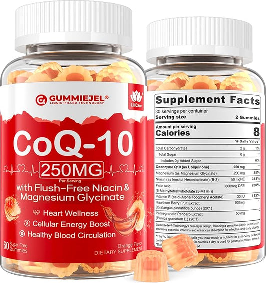 Sugar Free CoQ10 Filled Gummies 250MG, Coenzyme Q10 w/Magnesium Glycinate, Niacin No-Flush Vitamin B3, E & Folic Acid, High Absorption CoQ10 for HEA-rt, Cellular Energy & Antioxidant