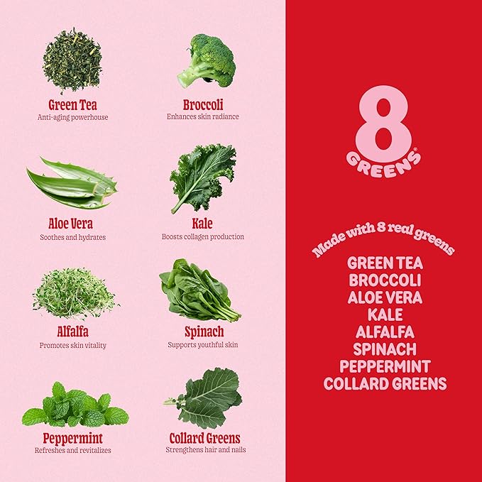 8Greens Supergreens Beauty Gummies with Collagen & Biotin | Super Greens Powder Superfood Gummy for Healthy Skin, Hair, Nails, Glow, and Firmness, Superfood Booster, Strawberry Flavored, 100 Count