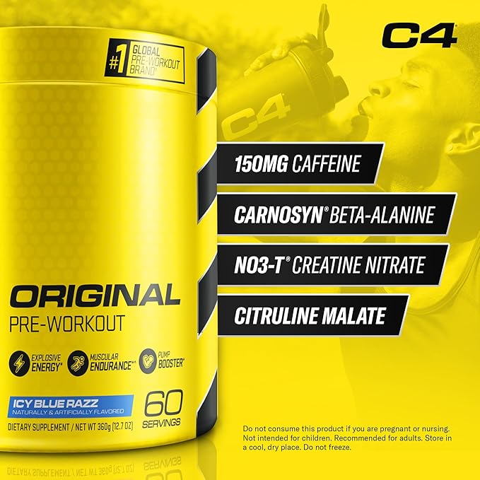 Cellucor C4 Original Pre Workout Powder ICY Blue Razz - Vitamin C for Immune Support - Sugar Free Preworkout Energy for Men & Women - 150mg Caffeine Plus Beta Alanine Plus Creatine - 60 Servings