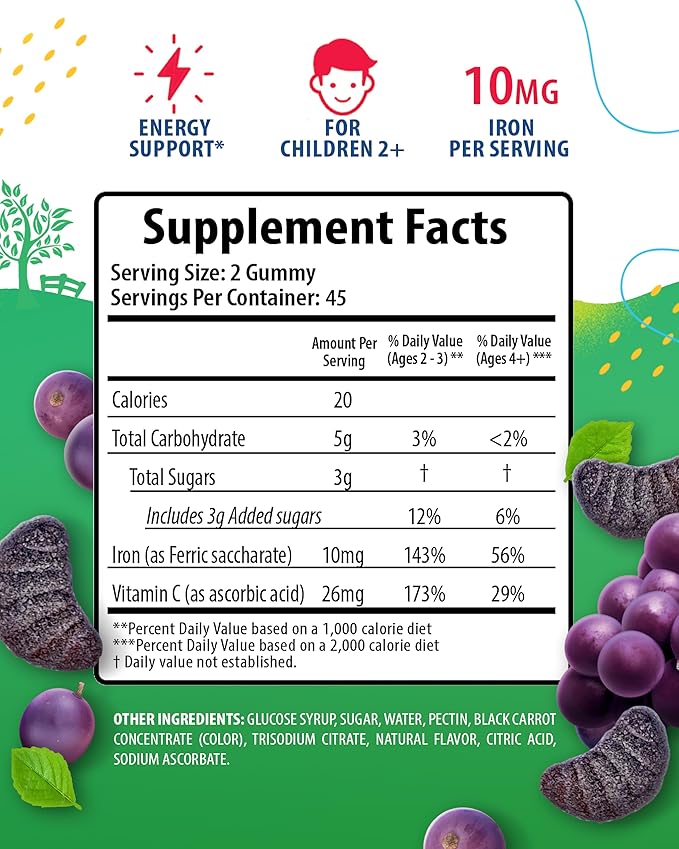 SUNNY SAM Iron Gummies for Kids & Adults - Iron Vitamins with Vitamin C, 10mg per Serving - Iron Chewable Fruit Gummy for Immune Support Red Blood Cell Production