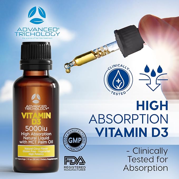 Advanced Trichology Vegetarian Liquid Vitamin D3-5000 iu High Absorption - 1000 iu per Drop - 6 Month Supply - Gluten Free 365 VIT D
