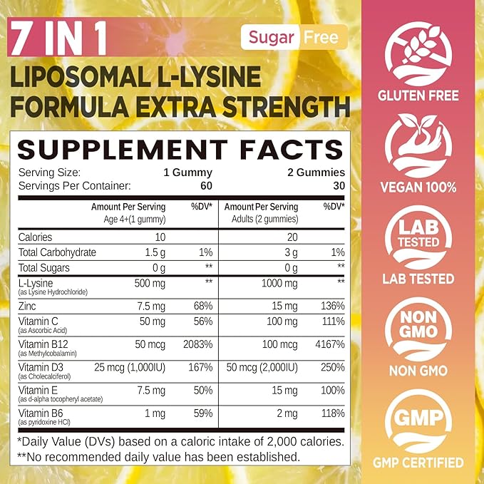 Liposomal L-Lysine 1000mg Gummies, Lysine Supplements for Women & Men, Chewable Vitamin Lysine Gummies for Lips & Oral Health, Immune Support, Kids Friendly, Sugar-Free Lemon Flavor, 60 CT