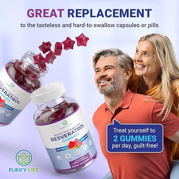Purify Life Sugar-Free Resveratrol Gummies - Potent 1500mg Resveratrol Supplement to Support Digestive & Immune Health - Supplement for Antioxidant Support, Cell Regenerator & Repair