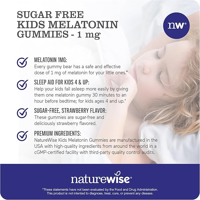 NatureWise Kids Melatonin 1 mg Sugar-Free Gummies for Children Ages 4 & Up - Non-Habit Forming Sleep Aid - Strawberry Flavored - Vegan, No Gluten, Non-GMO - 90 Count[3-Month Supply]
