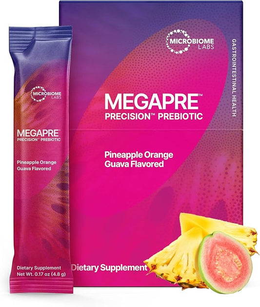 Microbiome Labs MegaPre Prebiotic Fiber Powder for Women, Men & Kids - Pre-Dosed Prebiotic Fiber Supplement Powder with Clinically Tested Oligosaccharides - Pineapple Orange Guava (30 Drink Packets)