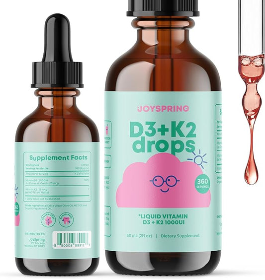 JoySpring Vitamin D3 Kids Drops with K2 – Liquid Supplement for Calcium Absorption & Joint Health – 360 Servings (2 fl oz) – Vitamin D Kids Ages 3-18