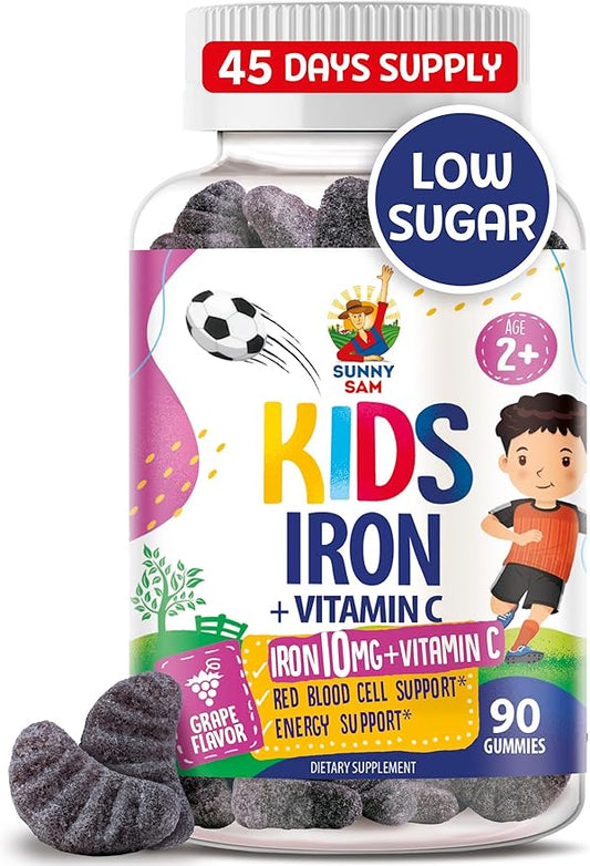 SUNNY SAM Iron Gummies for Kids & Teens - 10mg Iron Vitamins with Vitamin C - Low-Sugar Chewable Gummy Supplement for Immune Support, Supports Red Blood Cell Production for Children & Teen Girls