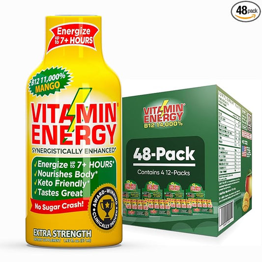Vitamin Energy B12 11,000% Extra Strength Energy Shot Mango 48 Pack, 260mg Natural Caffeine, B12 & B6, Nootropic Focus, Vitality, Zero Sugar, Gluten-Free, Vegan, Kosher, 1.93 fl oz
