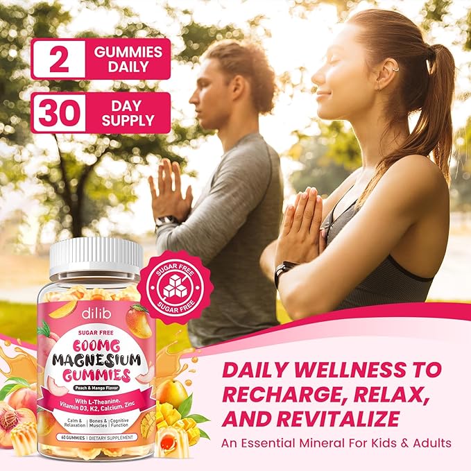 Magnesium Glycinate Gummies 600mg, Magnesium L-Threonate Supplement for Kids & Adults - Vitamin D3 K2 Zinc for Sleep Calm Muscle Relaxation Cognitive - Sugar Free Peach & Mango Center-Filled Gummies