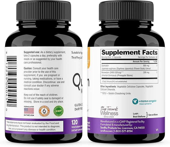 Sandhu's Quercetin with Bromelain 1000mg Per Serving 120 Count Vegetarian Capsules Bioflavonoids Supplement Complex Supports Immune, Cardiovascular & Respiratory Health
