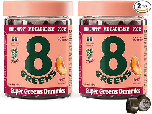 8Greens Supergreens Gummies | Super Greens Powder Superfood Gummy for Metabolism, Immunity & Focus, Digestive Health Enzymes, Organic: Chlorella, Spirulina, Aloe Vera, Peach Flavor, 100 Count