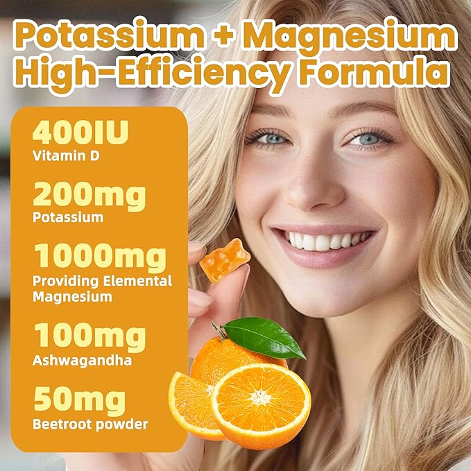 Potassium Magnesium Gummies,High Absorption Magnesium Glycinate,B6,D3,Potassium Citrate for Leg Cramps,Muscle,Electroyte for Adults Kids,Sugar-Free, 60 Gummies (Sweet Orange Flavor)