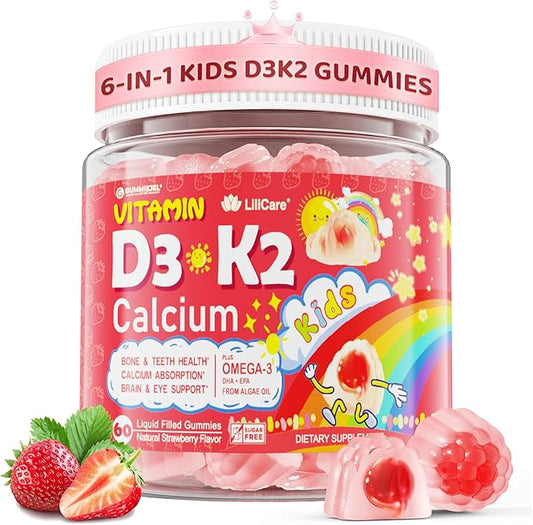 Kids Vitamin D3 K2 Filled Gummies 1000IU/2000IU D3 + K2(MK-7) with Calcium, Magnesium & Algal Omega 3(EPA/DHA) for Bones, Teeth, Muscles, Brain, Kids 4+ Vitamins (Low Dose Perfect For Adults), 60 Cts