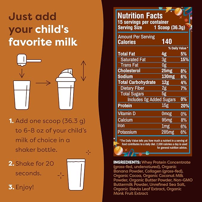 FlavCity Kids Chocolate Protein Powder - Galactic Brownie Smoothie - 15g Undenatured Whey Kids Protein Shake Powder - 5g Grass-Fed Bovine Collagen Peptides - Gluten-Free & Non-GMO (15 Servings)