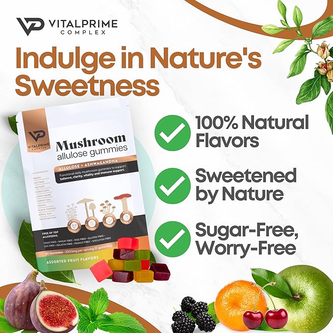 Sugar-Free Ashwagandha & Mushroom Gummies Supplement | 10 Functional Mushrooms per Serving | Immune Support, Focus, Energy | Vegan, Keto, Low Carb, Allulose Sweetener | 80 Gummies, Natural Flavors