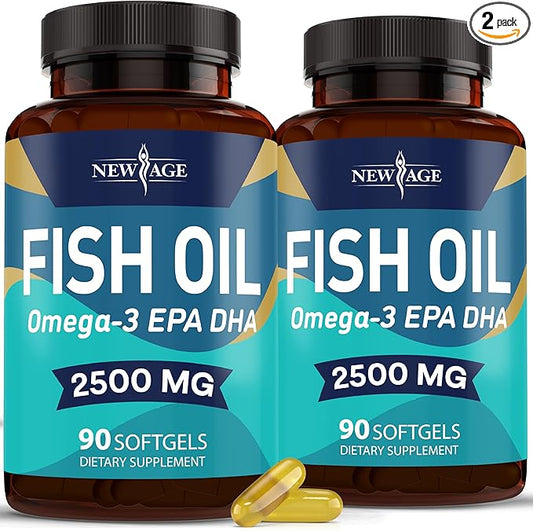 NEW AGE Omega 3 Fish Oil 2500mg Supplement Non GMO - EPA, DHA Fatty Acids Gluten Free (180 Softgels (Pack of 2))