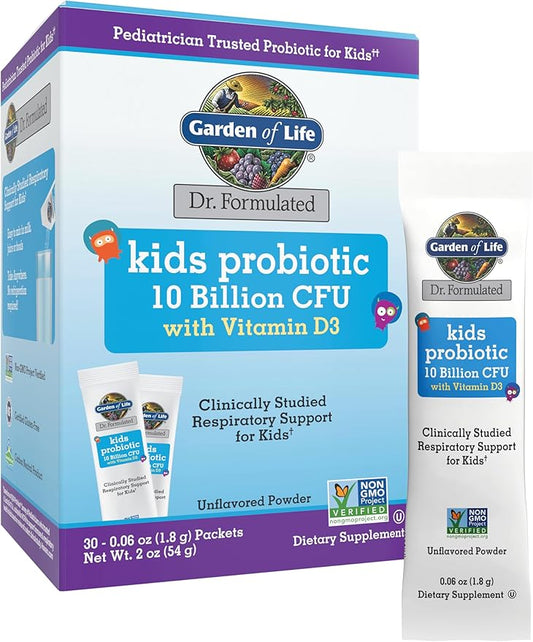Garden of Life Dr. Formulated Kids' 10 Billion CFU Probiotic Stick Pack with D3 – Supports Bones, Teeth & Immune Function, Unflavored Powder, 30ct Carton