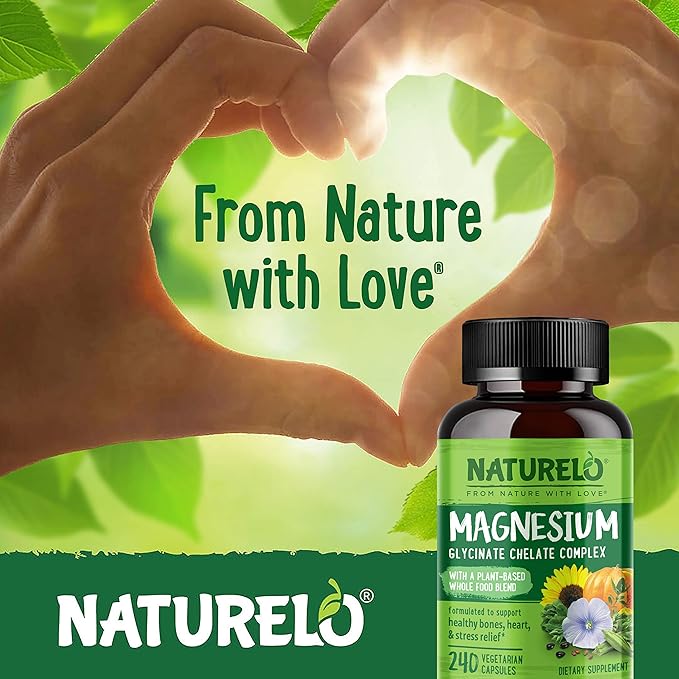 NATURELO Magnesium Glycinate Chelate Complex - 200 mg Magnesium with Organic Vegetables to Support Sleep, Calm, Muscle Cramp & Stress Relief - Gluten Free, Non GMO - 240 Capsules