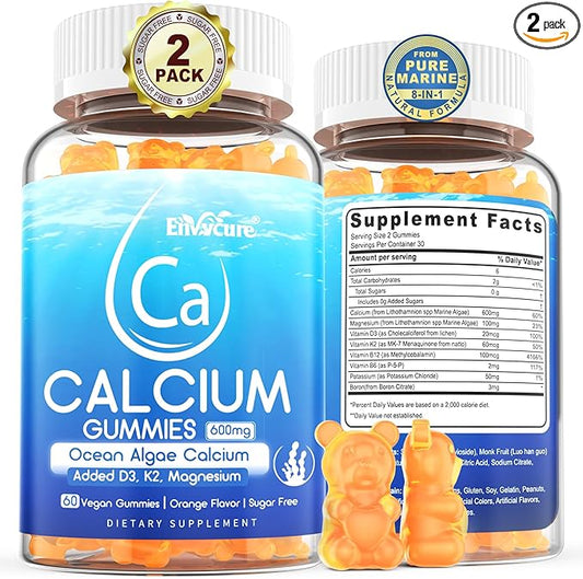 Calcium Gummies 600mg - Ocean Algae Calcium | Vitamin D3, K2, Magnesium, B6 for Bone Strength, Muscle & Immnue | Sustainably Sourced Plant Based Calcium Supplement, 70+ Trace Minerals, Vegan, 2 Pack