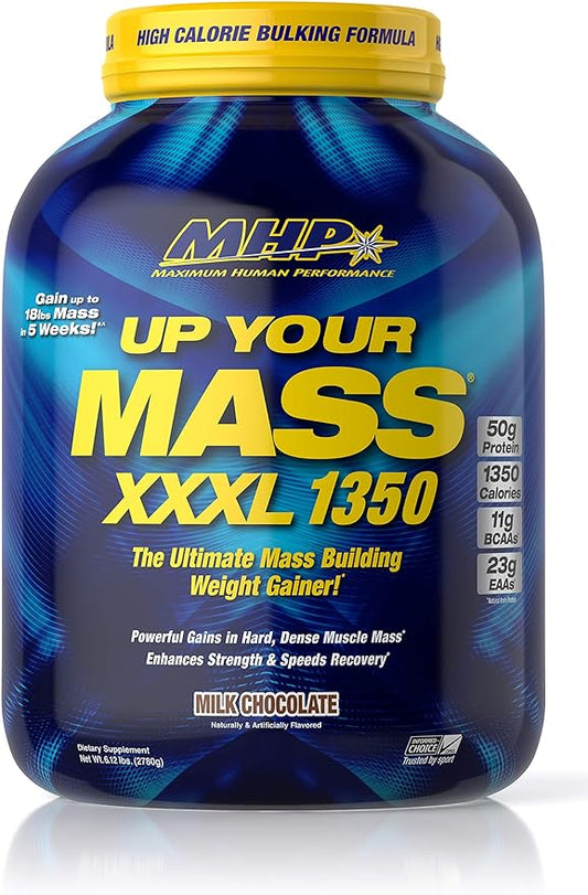 Maximum Human Performance MHP UYM XXXL 1350 Mass Building Weight Gainer, Muscle Mass Gains, w/50g Protein, High Calorie, 11g BCAAs, Leucine, Milk Chocolate, 8 Servings