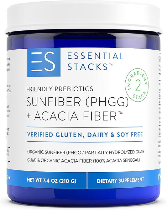 Essential Stacks Organic Sunfiber Prebiotic Fiber (Partially Hydrolyzed Guar Gum/PHGG) with Acacia Fiber Powder - Gluten Free, Non-GMO & Unflavored Soluble Fiber (7.4 oz)