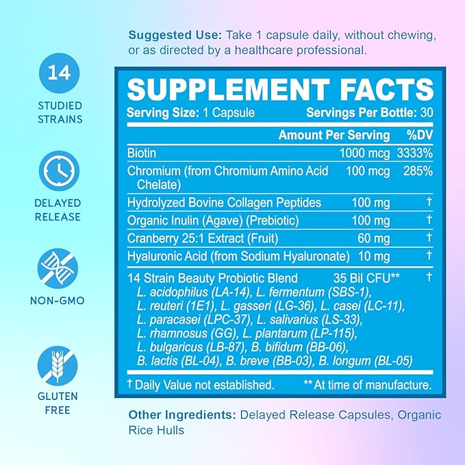 BioEmblem Beauty Probiotics for Women, 35 Billion CFU 14 Strains with Biotin, Collagen, Prebiotics for Digestive Health, Hair Skin and Nails, Vaginal Probiotics Supplement, Shelf Stable, 30 Caps