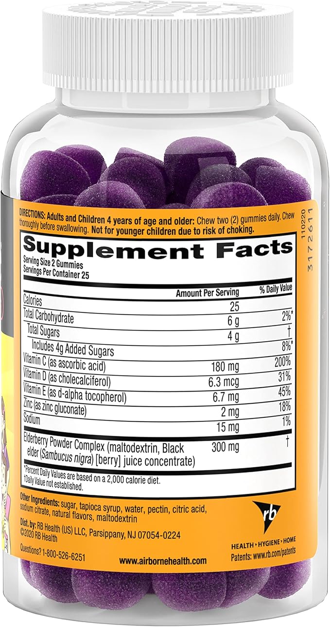 Airborne KIDS Elderberry + Zinc & Vitamin C Gummies, Kids Immune Support with Powerful Antioxidants Vit D & E - 50 gummies, Elderberry Flavor