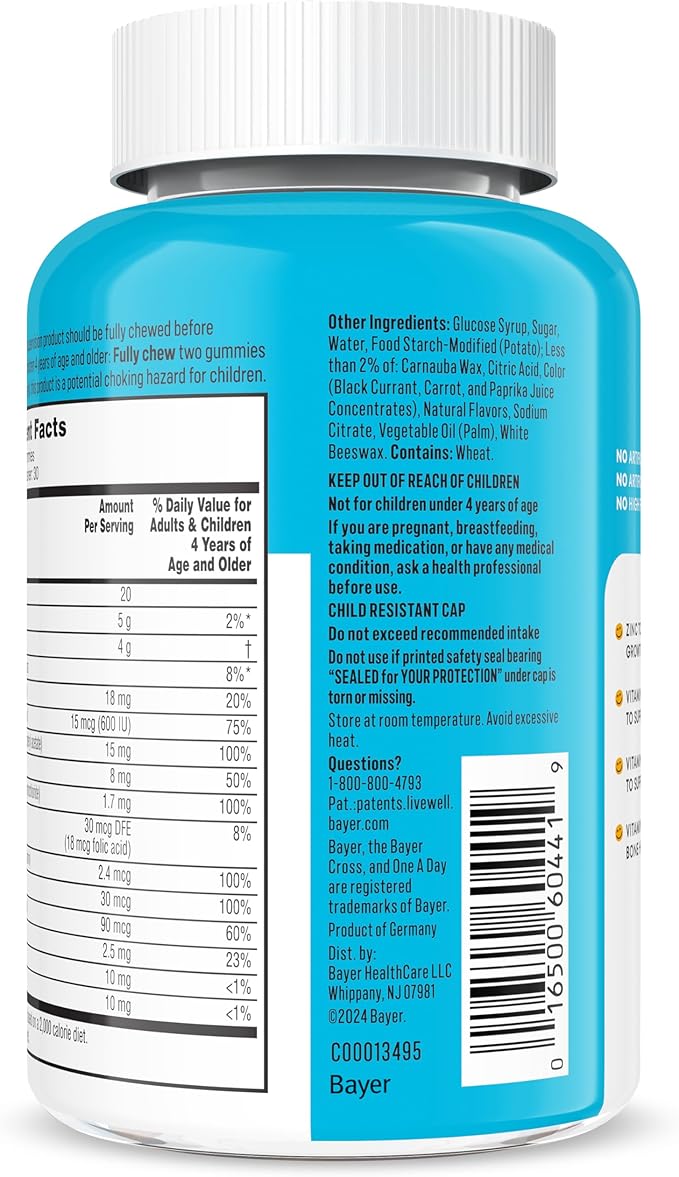 One A Day Kids Multivitamin Gummies, Kids Vitamins with Vitamin C, D, E & Zinc for Immune Support, Childrens Gummy Vitamins, Assorted Fruit Flavors, 60ct (Packaging May Vary)