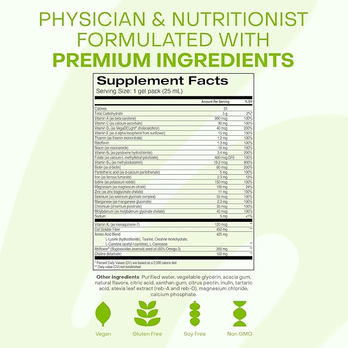 HealthyCell Vegan Essentials Daily Liquid Multivitamin Supplement with Iron and Choline – 25+ Essential Vitamins, Minerals & Nutrients for Brain & Heart Health, Immune Support & Energy - 30 Gel Packs