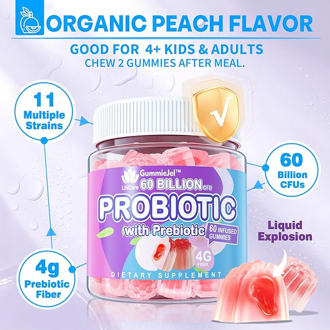 2Pack Probiotic + Prebiotics Gummies Sugar Free 60 Billion CFU, 11 Strains Probiotics Filled Gummies for Women Men Digestive Health and Gut Health, Supports Constipation, Diarrhea, Gas & Bloating